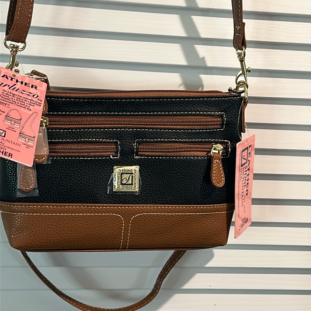 NWT Stone Mountain Red Bonded Leather Charluzzo Five Zipper Crossbody Bag.